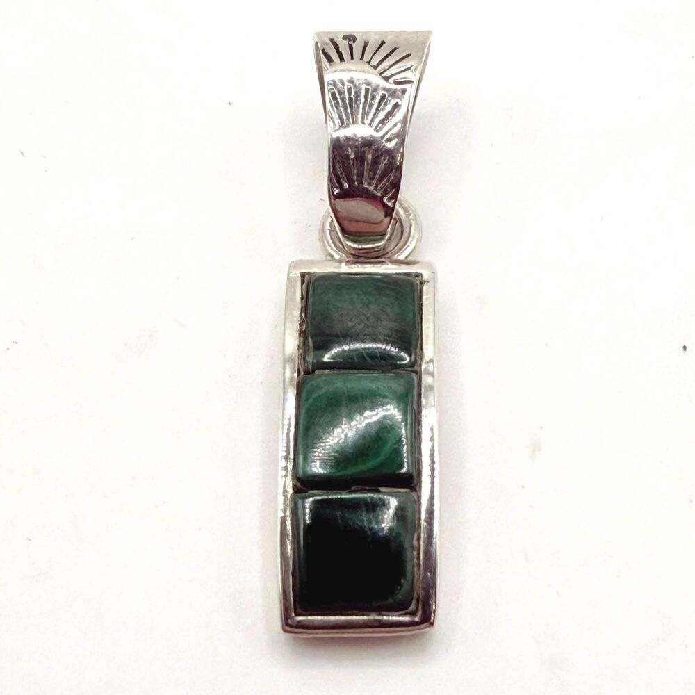 Vtg JAMES SHAY Navajo Sterling Silver Signed Inlay Modernist Malachite Pendant